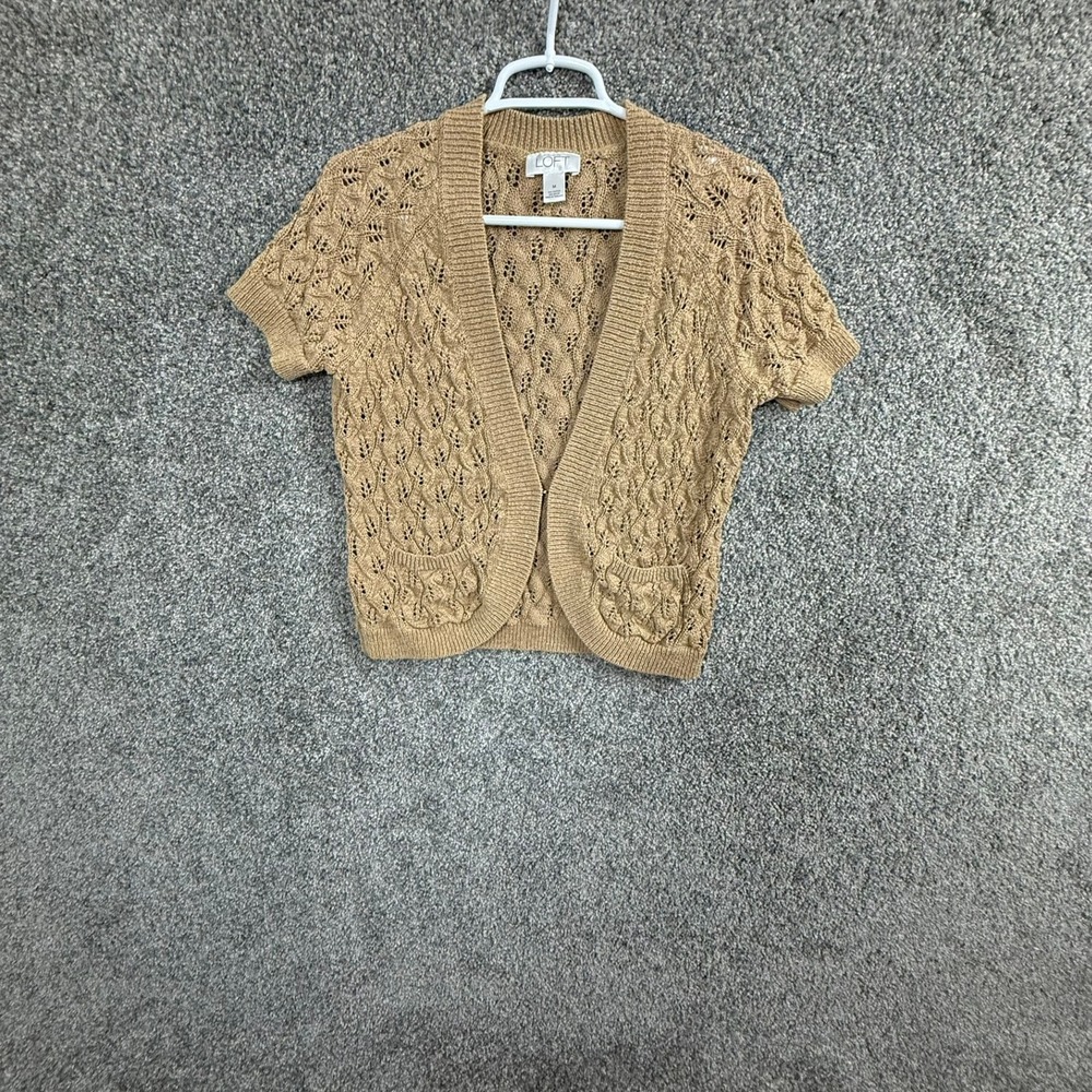 Ann Taylor LOFT Tan Pointelle Knit Short Sleeve Cropped Cardigan Sweater Medium